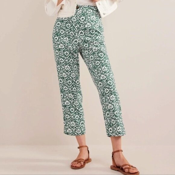 Boden Womens Pants UK 14 US 10 Cropped Green Enchanting Bloom Linen R0359 NWT - Picture 1 of 11